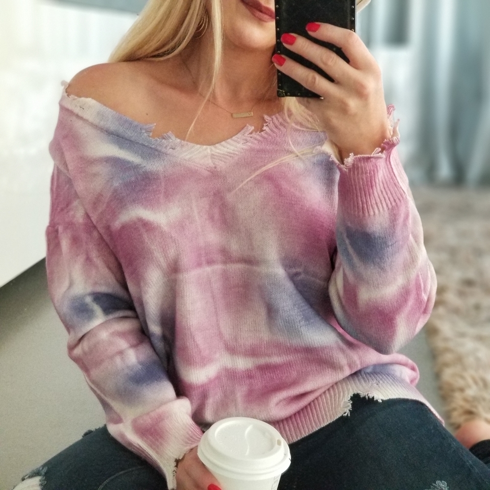 CASUAL DOLLZ  Tie Dye Sweater Top - Pink Purple - Picture 5 of 9